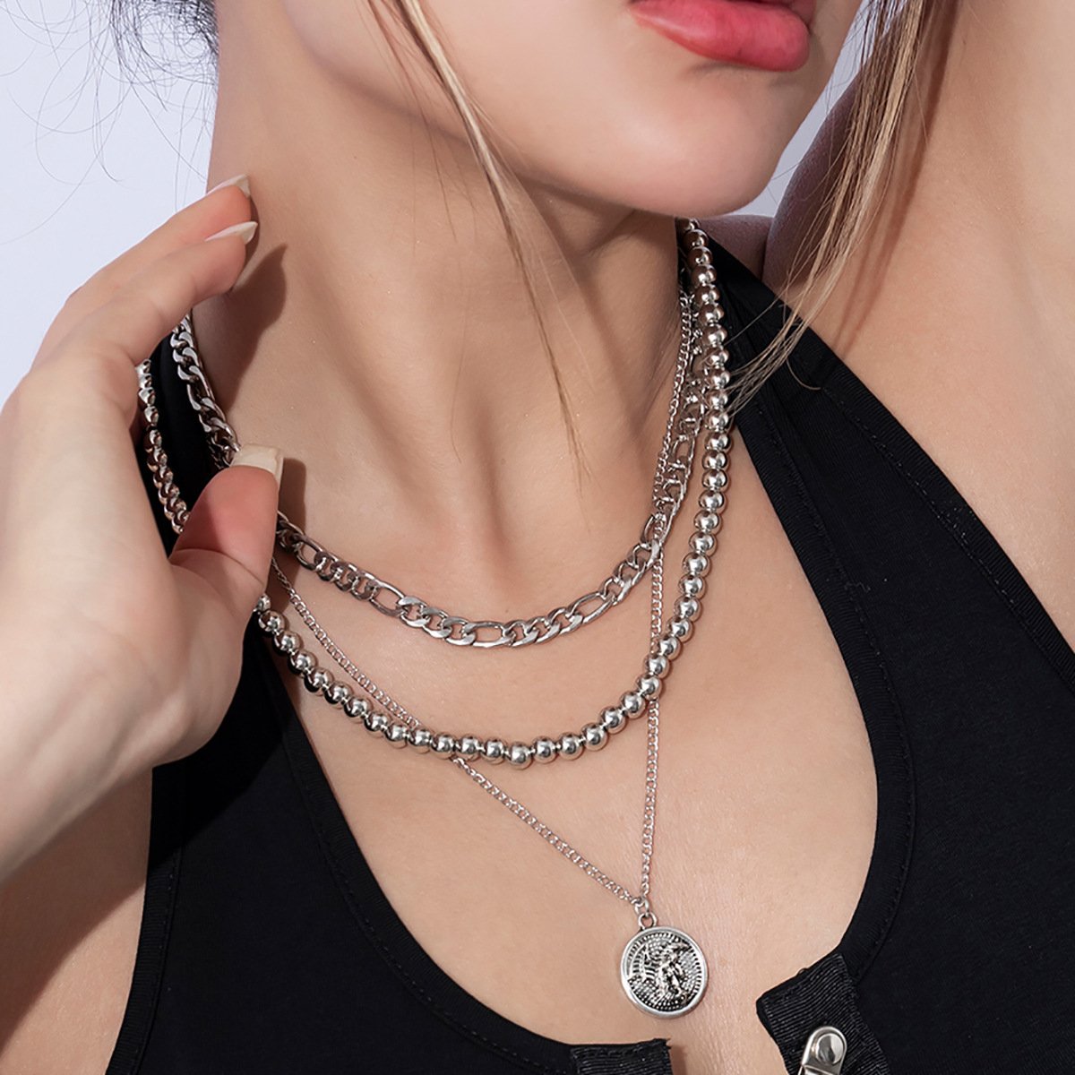 Accessories Hollow Metal Embossed Chain Necklace Sweet Cool Punk Multilayer Bead Portrait Necklace Female