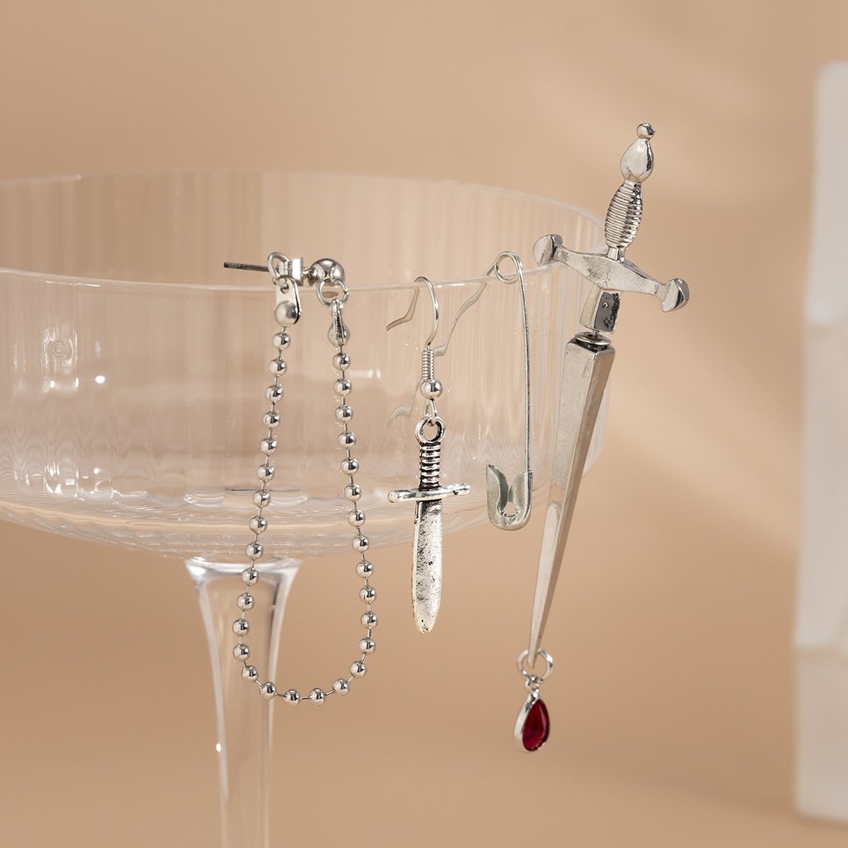 Jewelry Personality Blood Drop Gemstone Pendant Earrings Women's Fashion Street Shooting Metal Sword-shaped Brooch Earrings