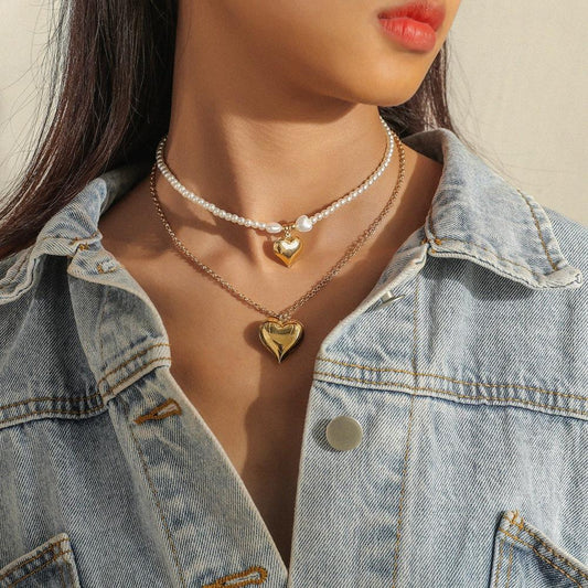 Fashion Simple Double Love Necklace Millet Beads Beaded Chain Pearl Necklace Clavicle Chain Women