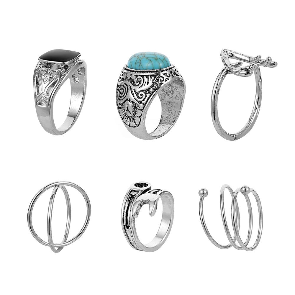 Simple Ins cold silver ring fashion personality men's blue turquoise wrench antlers multi-piece ring set