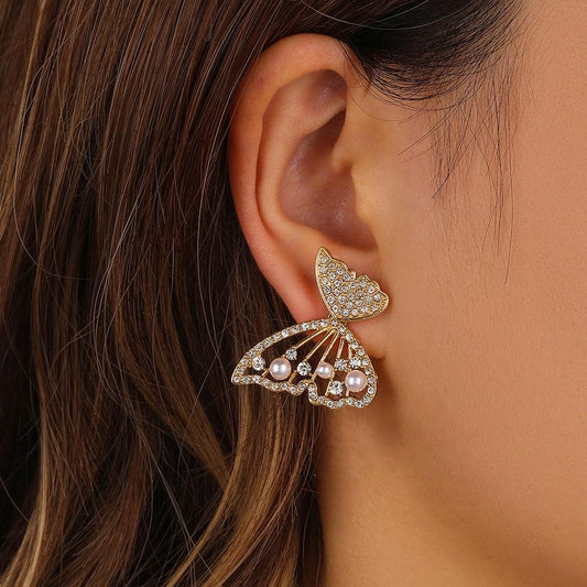 Fashion ol magazine ladies fresh and minimalist atmosphere full of diamonds pearl butterfly wing earrings