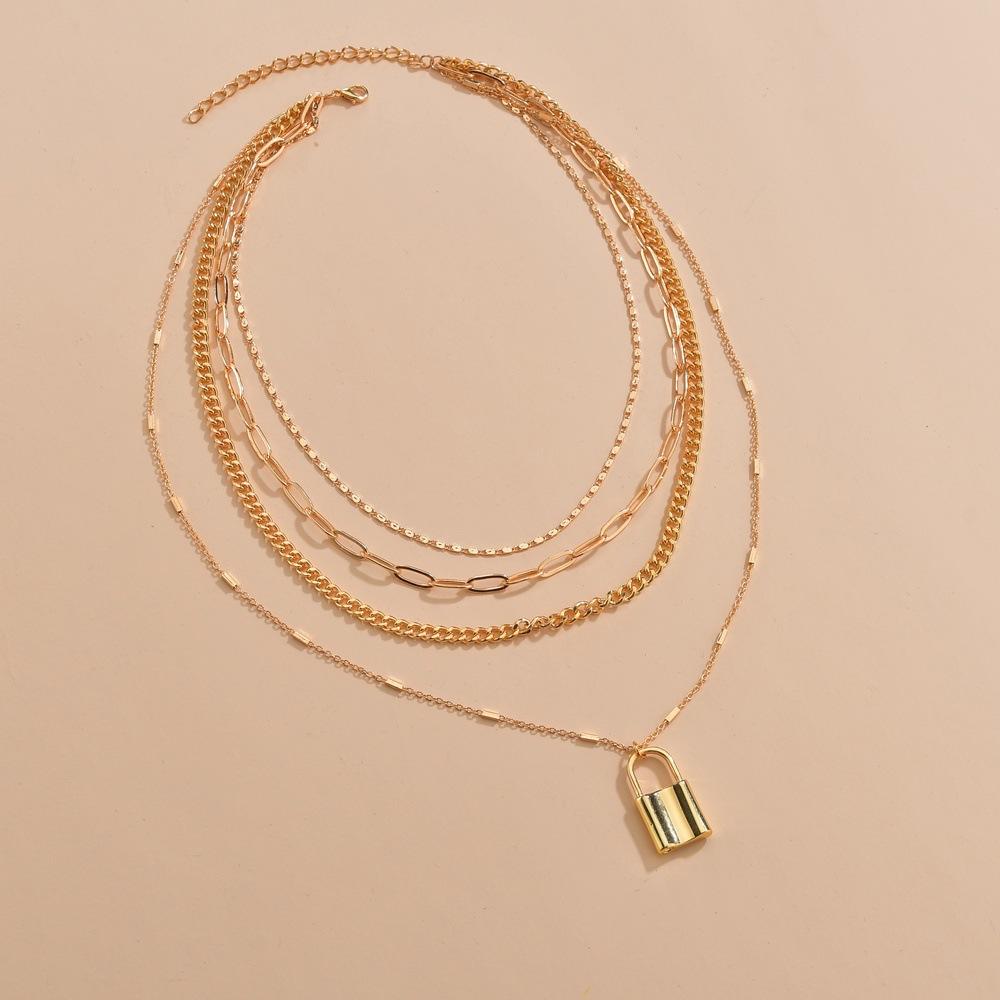 Multilayer Necklace Female Creative Retro Simple Alloy Lock Pendant Thick Chain Necklace Jewelry
