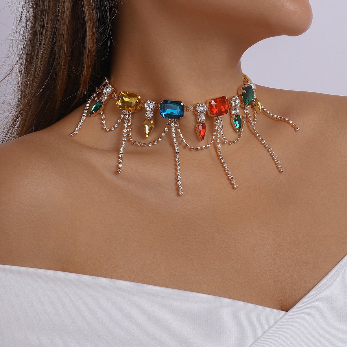 N1298 ethnic baroque fashion choker necklace claw chain tassel rhinestone temperament dinner dance necklace