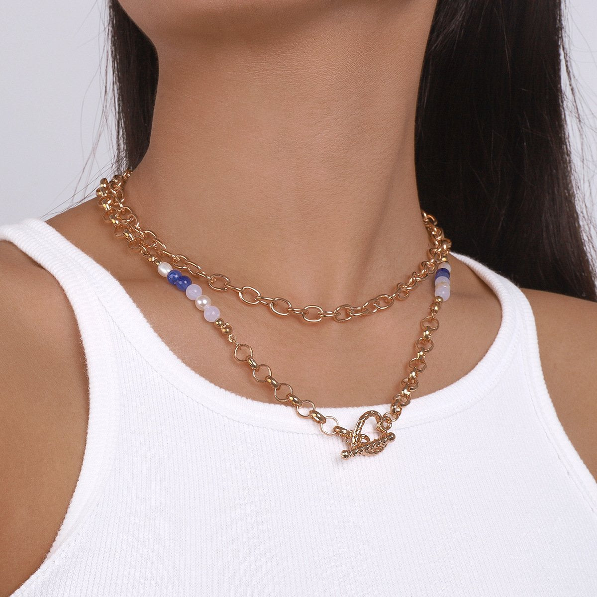 N1582 Niche Double O-chain Clavicle Necklace Imitation Pearl Metal Exaggerated Simple Hong Kong Necklace Women
