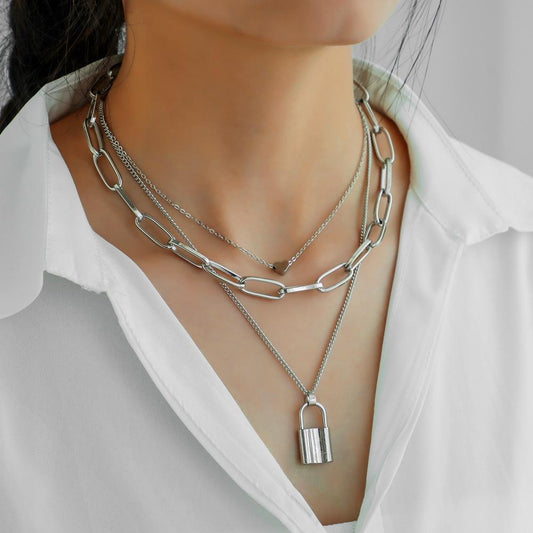 Hip Hop Necklace Personality Hipster Heart Lock Pendant Fashion Three Layers Metal Necklace