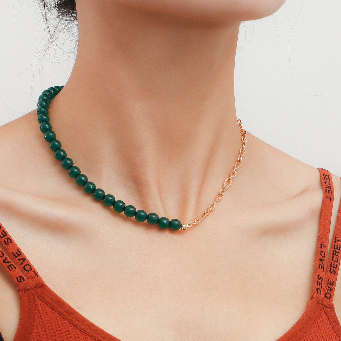 Jewelry simple stitching half round green agate beaded necklace female creative trend personality necklace