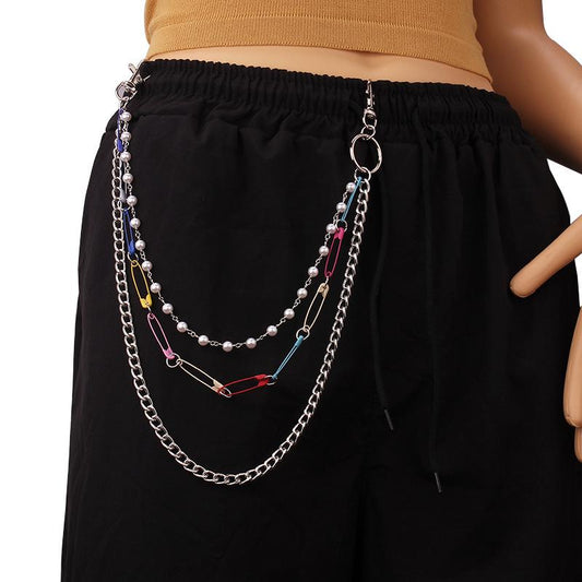 Jewelry personality pearl chain metal waist chain ins fashion multi-color pin multi-layer pants chain