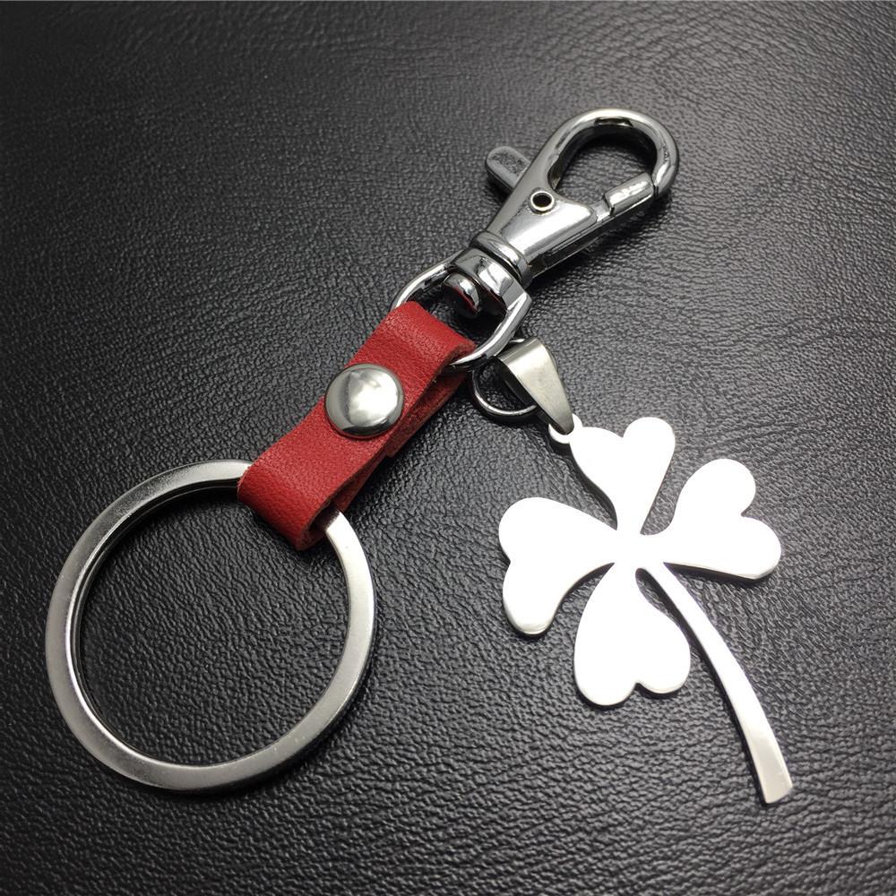 Four Leaf Lucky Flower Titanium Steel Pendant Leather Keychain Pendant Accessories