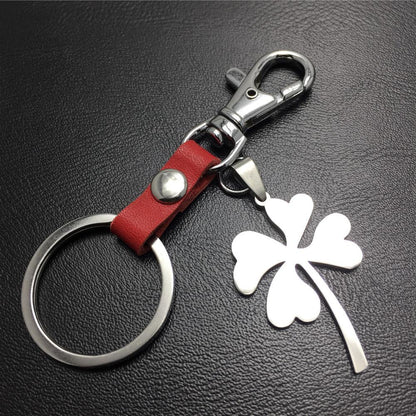 Four Leaf Lucky Flower Titanium Steel Pendant Leather Keychain Pendant Accessories
