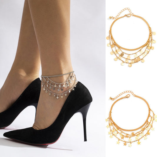 Jewelry personality multi-layer sequin star-shaped tassel anklet female sweet cool U-shaped metal chain anklet