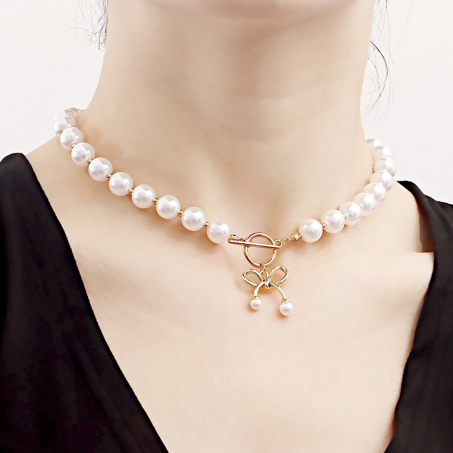 Jewelry choker bow pendant imitation pearl beaded necklace ins explosion
