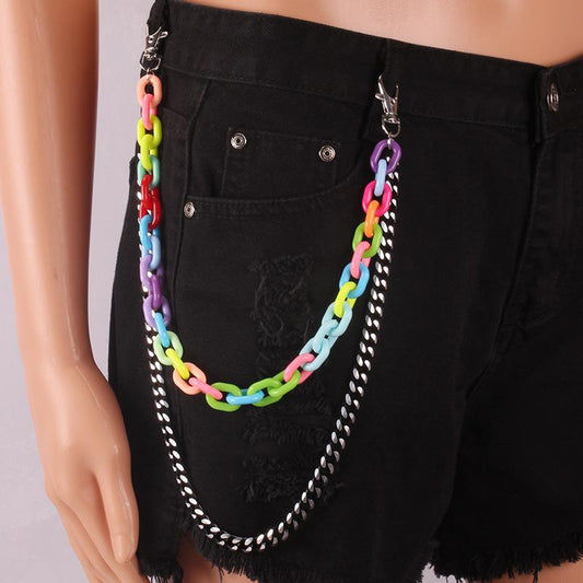 Colorful acrylic jewelry metal black chain hip-hop men and women series double-layer pants chain