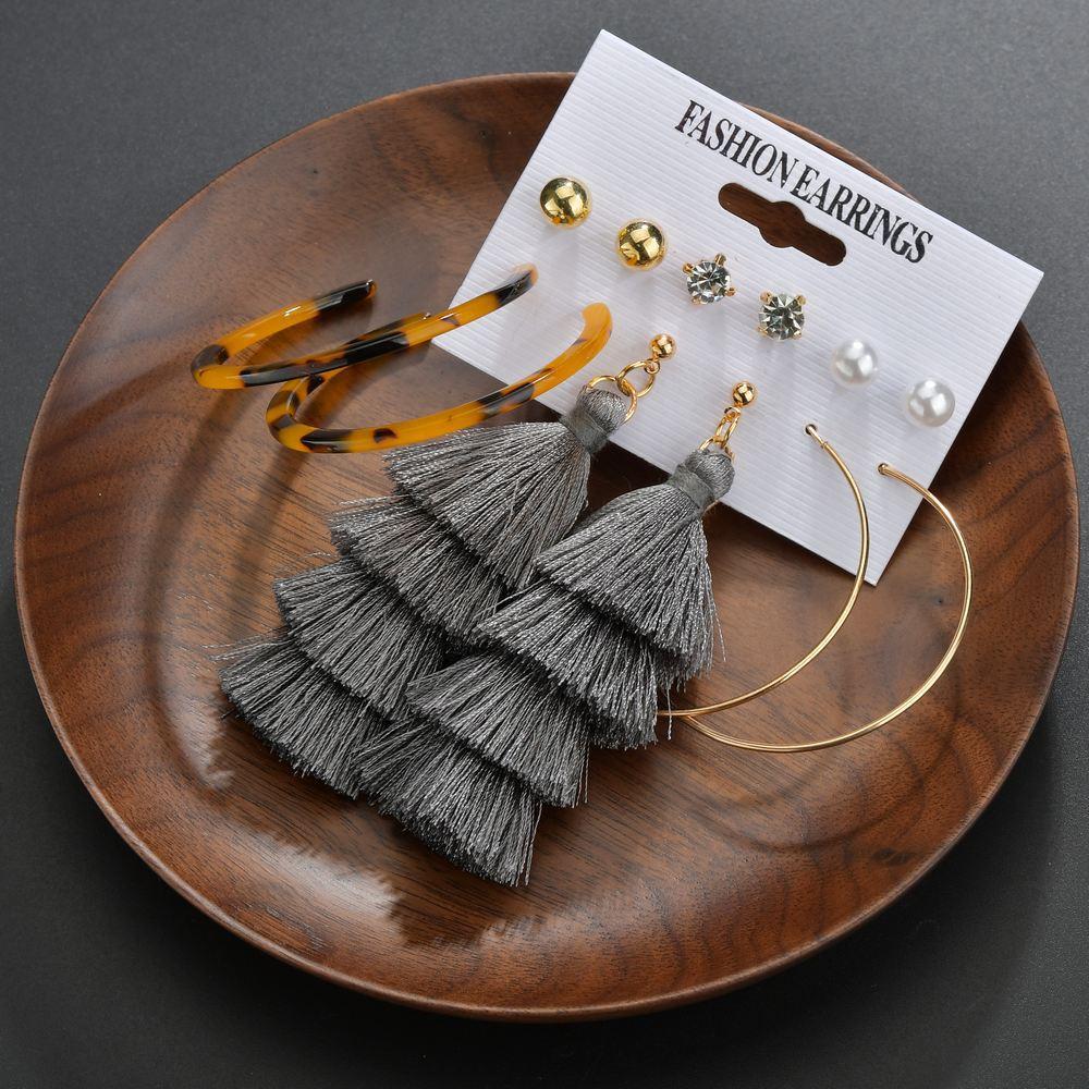 Accessories Creative Leopard Print Acrylic Stud Earrings Bohemian Layered Tassel Earrings Set