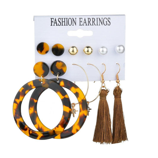 Creative Retro Tassel Large Circle Acrylic Stud Earrings 6 Pairs Set Decoration