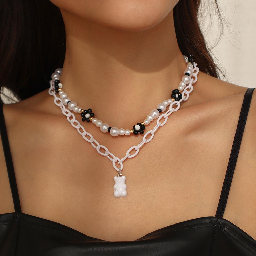 N9943 Ethnic Holiday Beaded Necklace Female Cub Bear Flower Simple Necklace Indifferent Retro Necklace