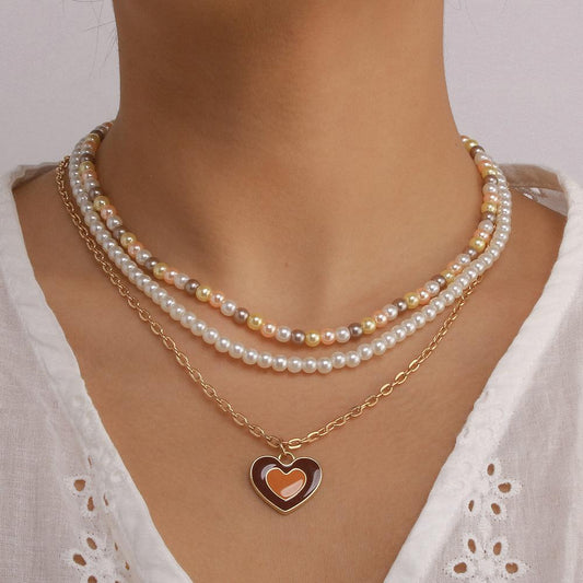 N9938 Retro Pearl Necklace Women's Multi-layer Fashion Drip Oil Heart Necklace Romantic Temperament Geometric Necklace