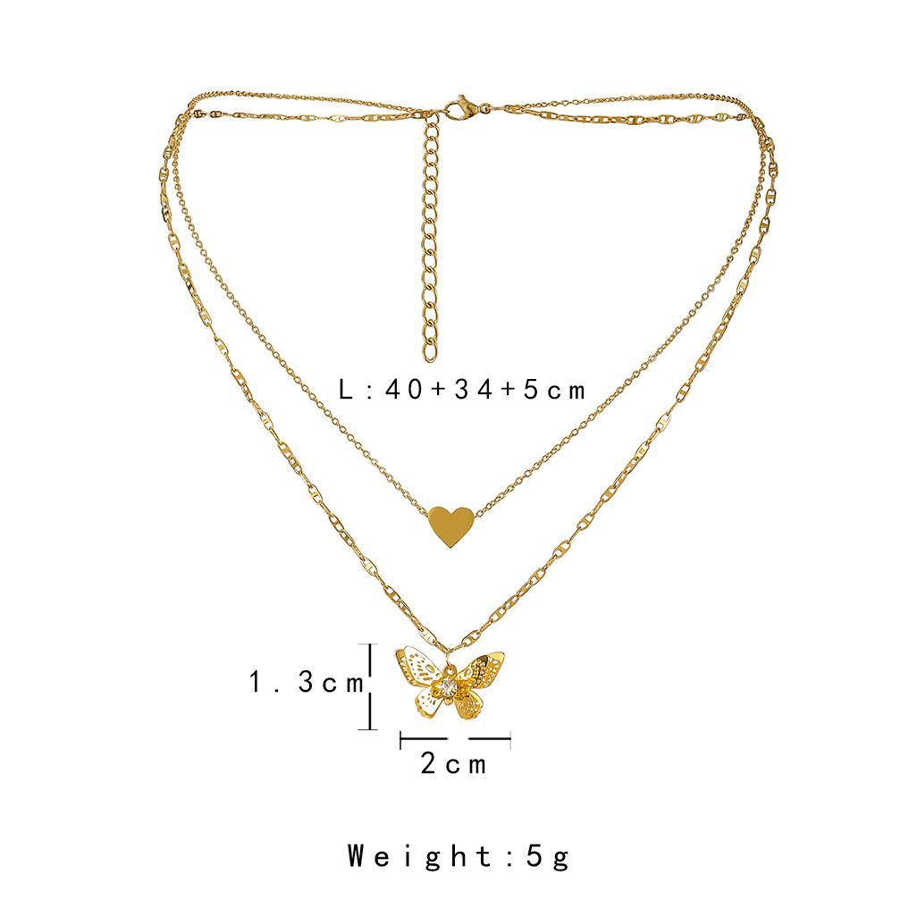 Ins niche light luxury titanium steel gold-plated double-layer necklace three-dimensional butterfly love pendant collarbone necklace