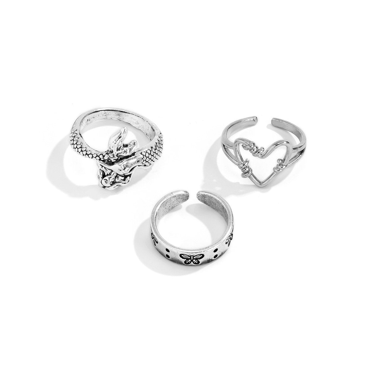 Retro Simple Mermaid Engraving Set Ring Personality Heart-shaped Opening Butterfly Ring Bracelet