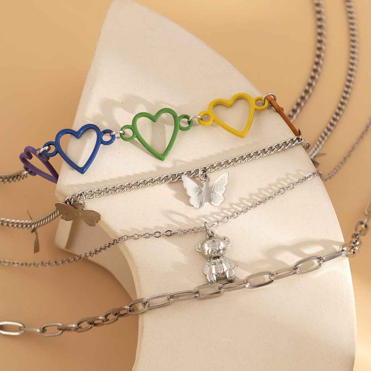 Jewelry Punk Butterfly Bear Tassel Necklace Female Mix and Match Color Peach Heart Necklace Set