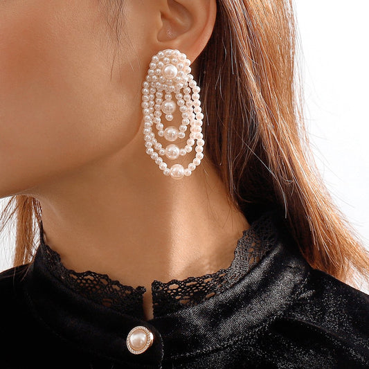 E1997 retro small multi-layer braided earrings imitation pearl atmosphere simple personality fashion earrings for women