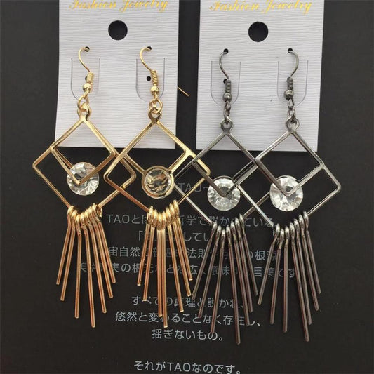 Rhombus Quadrilateral Tassel Earrings Clip Drill Earrings Ethnic Earrings Popular Jewelry Indian Shrimp