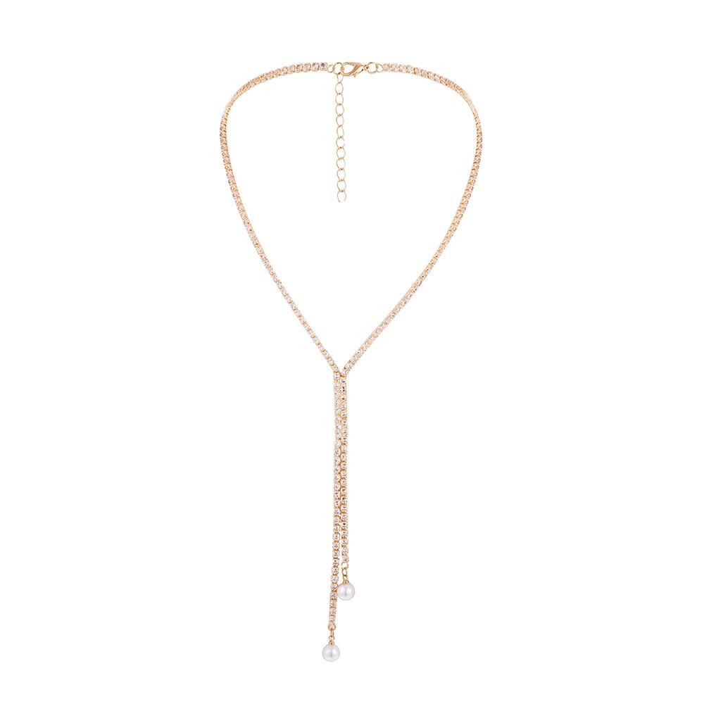 Fashion simple tassel full diamond pearl necklace light luxury super flash niche design irregular clavicle chain