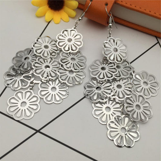 Hollow-out daisy multi-layer metal long earrings versatile earrings