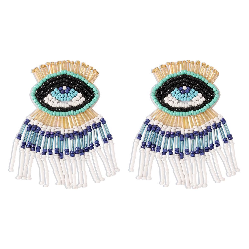 E1317 Bohemian Personality Tassel Earrings Exaggerated Devil's Eye Stud Earrings Beaded Contrasting Color Earrings