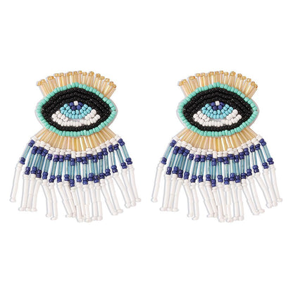 E1317 Bohemian Personality Tassel Earrings Exaggerated Devil's Eye Stud Earrings Beaded Contrasting Color Earrings