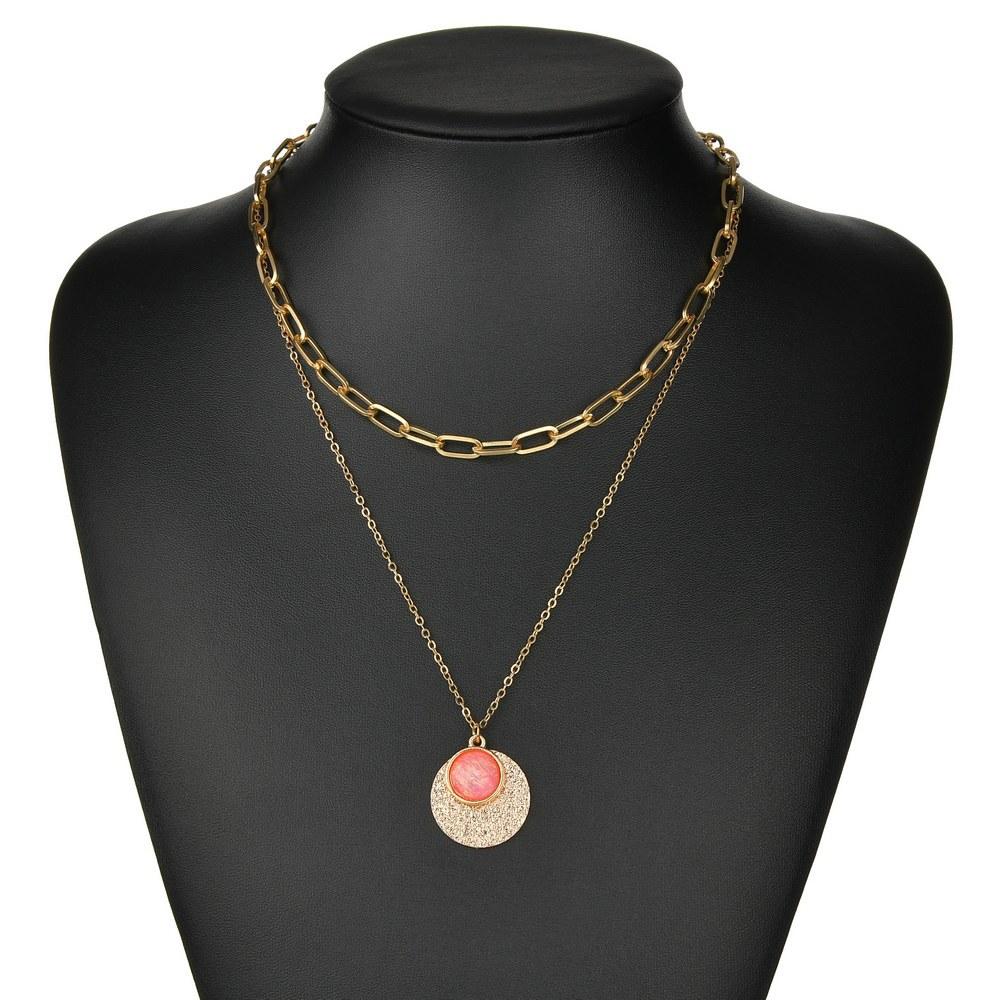 Fashion Round Alloy Resin Bezel Diamond Pendant Necklace Retro Square Line Double Layer Necklace Accessories