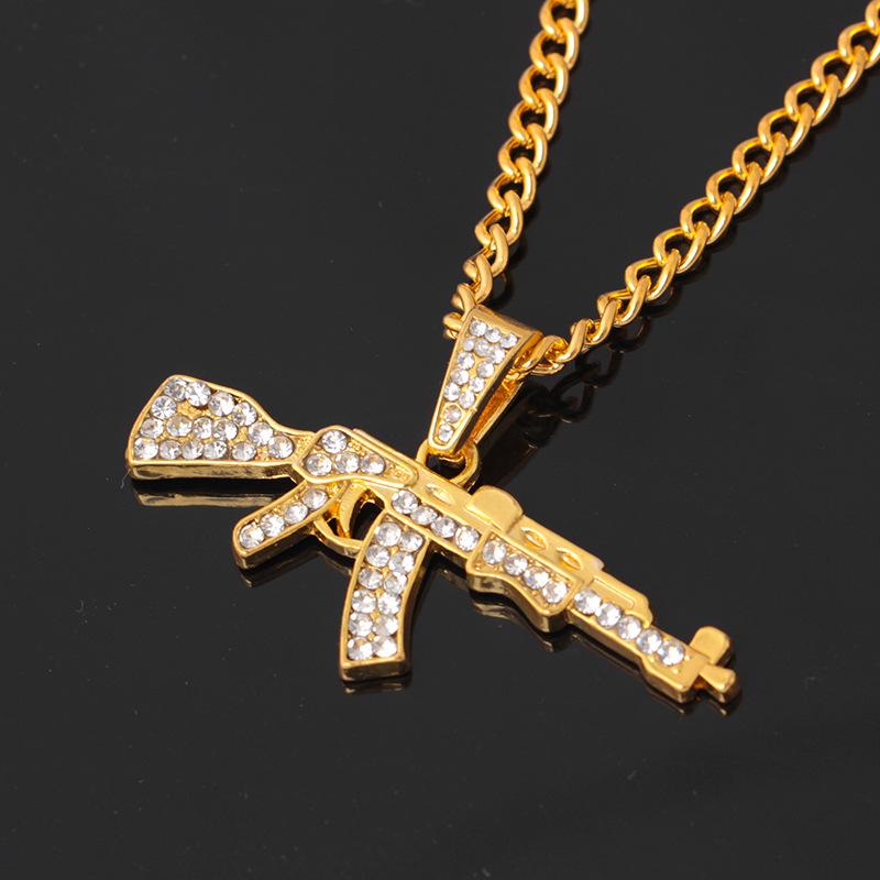 Fashion diamond-studded long gun necklace creative hip-hop submachine gun pendant jewelry