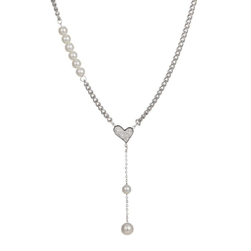Fashion Light Luxury Love Pearl Tassel Necklace Women's Versatile Temperament Pearl Stitching Diamond Heart Clavicle Chain