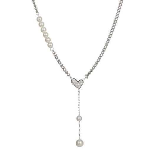 Fashion Light Luxury Love Pearl Tassel Necklace Women's Versatile Temperament Pearl Stitching Diamond Heart Clavicle Chain