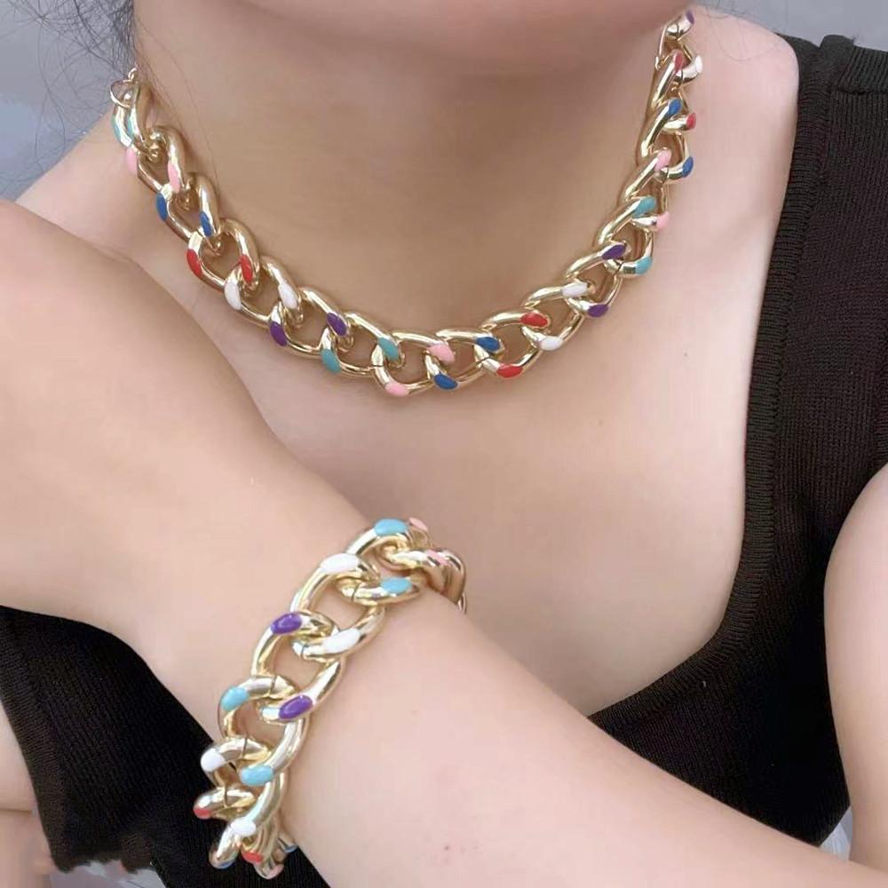 Jewelry Fashion Punk Metal Drip Oil Chain Thick Necklace Simple Color Set Chain Bracelet Necklace