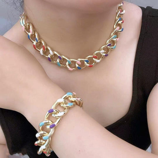 Jewelry Fashion Punk Metal Drip Oil Chain Thick Necklace Simple Color Set Chain Bracelet Necklace