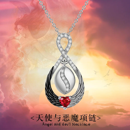 Black and white angel wings pendant necklace female ins niche micro-inlaid zircon love 8 word pendant clavicle chain