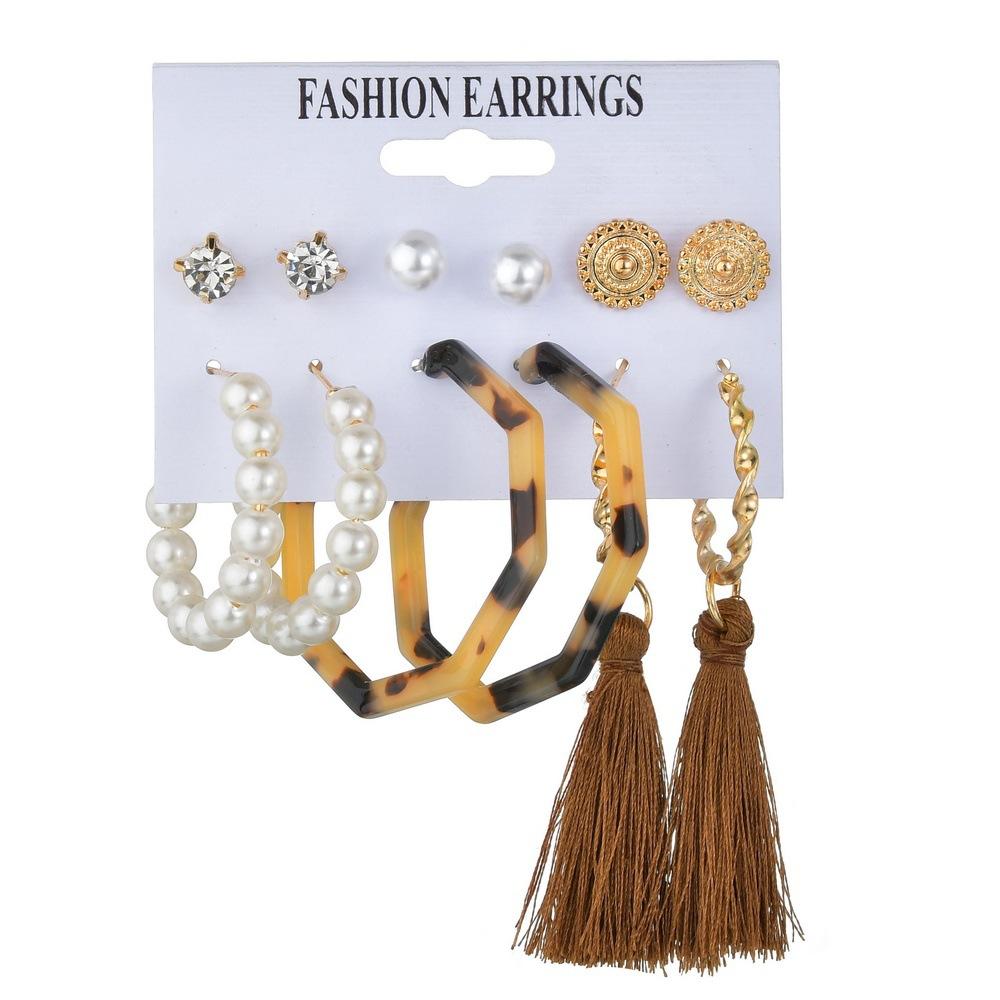 Popular Geometric Acrylic Sheet Tassel Stud Earrings Women's Pearl Set Jewelry