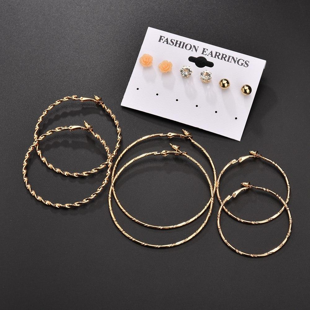 Accessories Creative 6 Pairs of Plate Earrings Set Rose Flower Diamond Stud Earrings Exaggerated Earrings Female