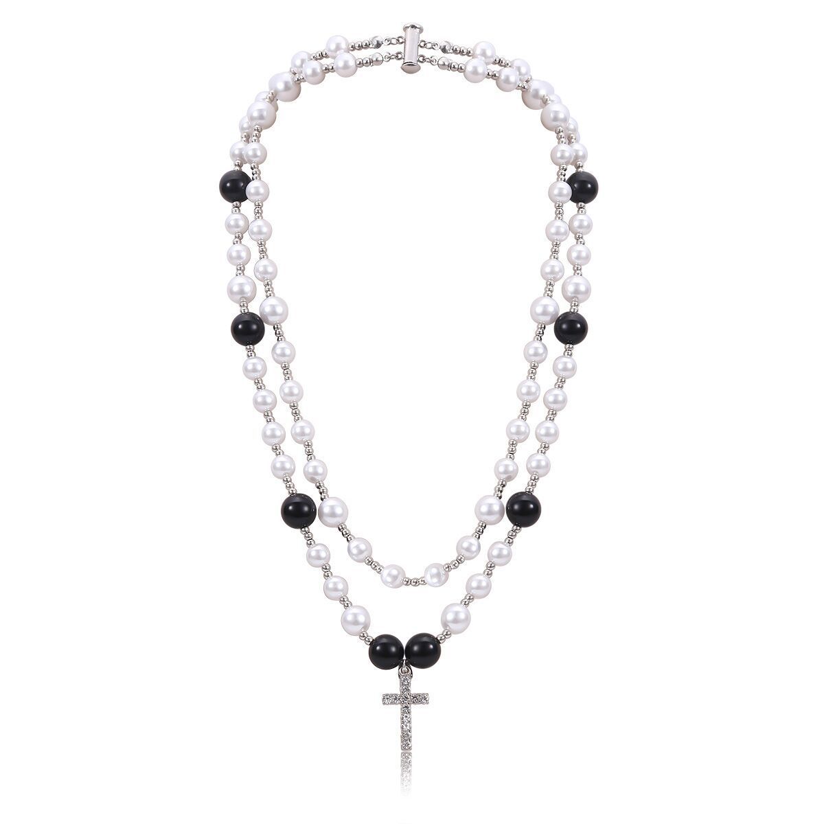 Fashion Vintage Ethnic Double Glass Pearl Pendant Simple Diamond Cross Necklace