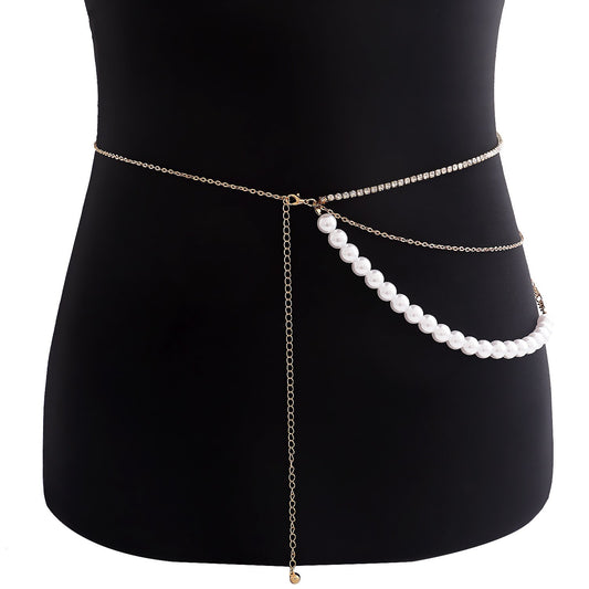 Jewelry trendy multi-layer imitation pearl diamond claw chain small fragrant waist chain female waistchain