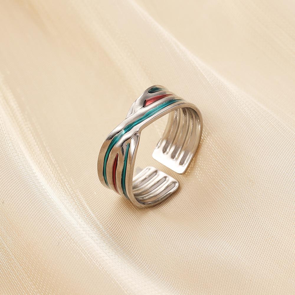 Fashion personality stainless steel opening adjustable drop oil cross line ring titanium steel ring female