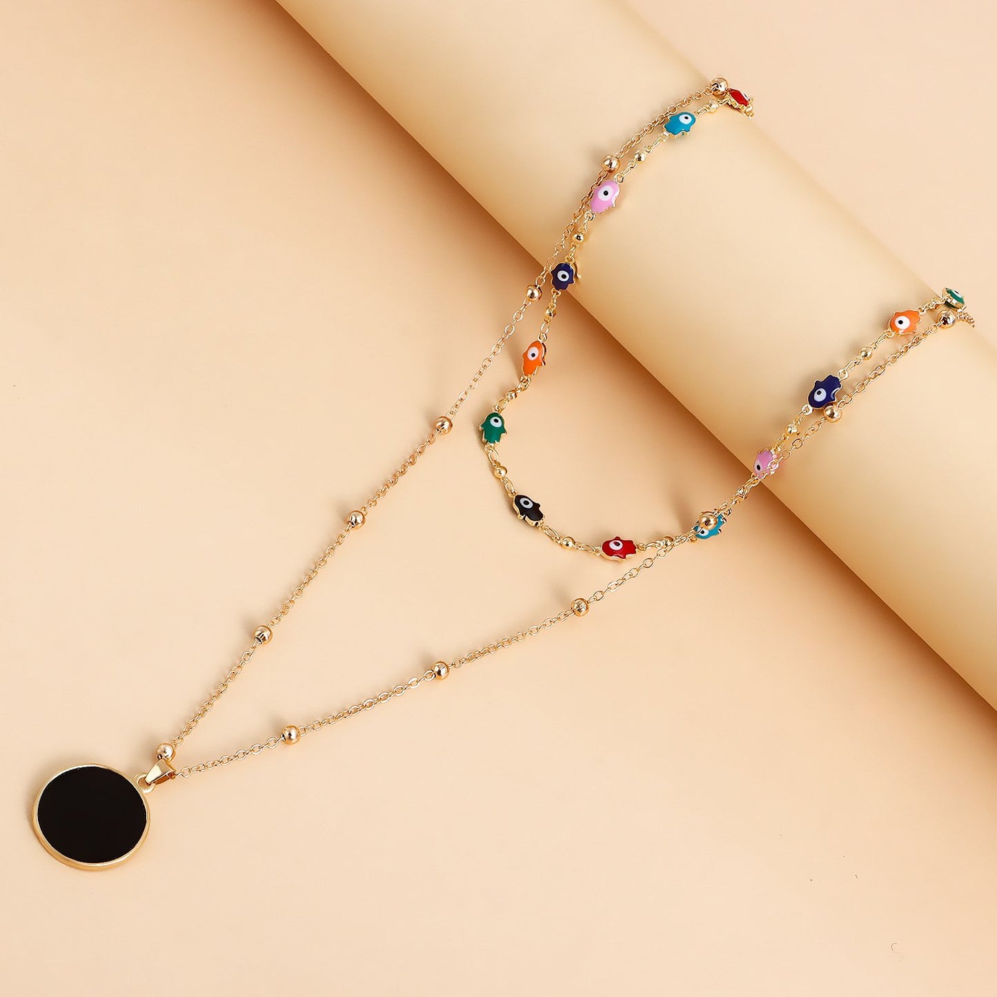 Jewelry evil eye double layered black mother-of-pearl pendant necklace female autumn and winter sweater chain