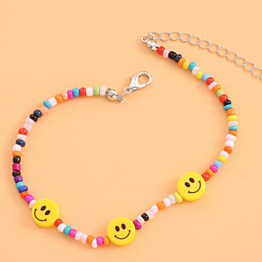 Jewelry Fashion Colorful Rice Beads Yellow Smiley Face Anklet Female Personality Popular Geometric Simple Foot Decoration