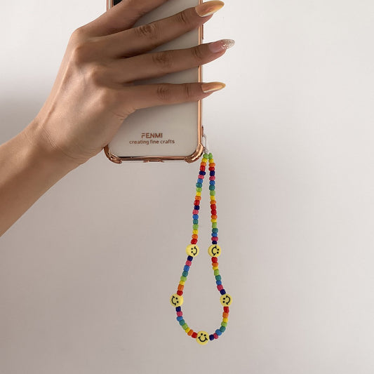 Jewelry Creative Smile Face Contrasting Color Rice Beads Beaded Mobile Phone Chain Simple Weaving Geometric Mobile Phone Ornament