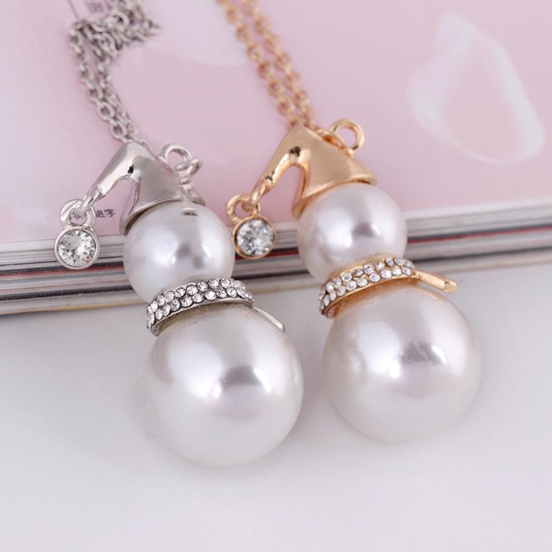Jewelry Long Sweater Chain Christmas Gift Diamond Pearl Snowman Pendant Necklace