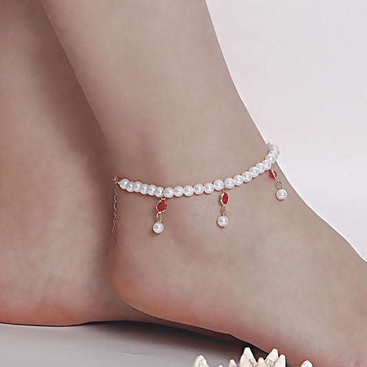 Jewelry Bohemian imitation pearl color crystal anklet women's foot chain ins beach tassel anklet