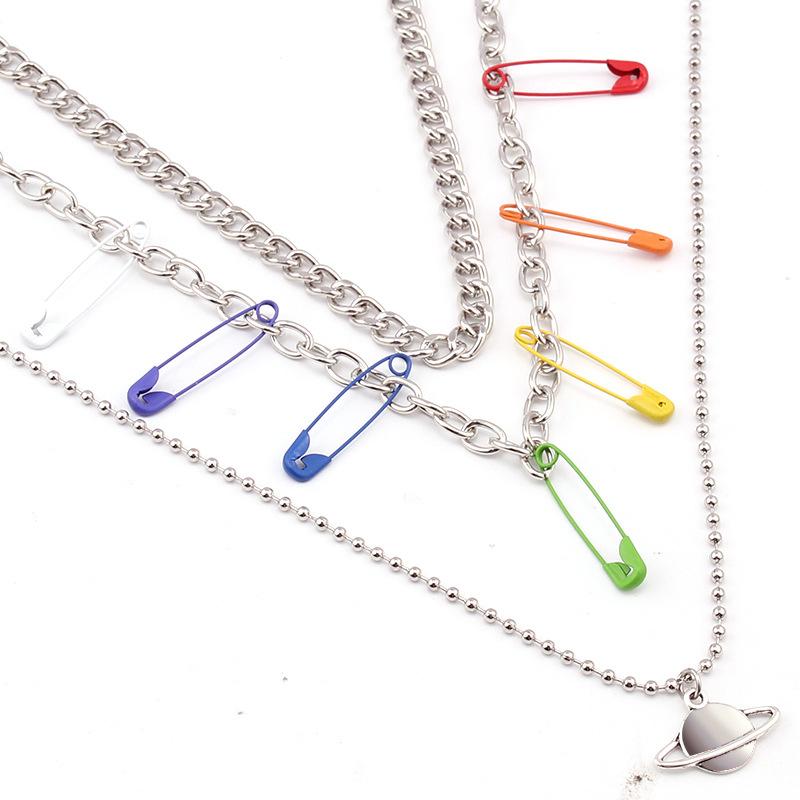 Jewelry Hip Hop Punk Stacked Metal Necklace Sweet Cool Color Pin Niche Planet Necklace