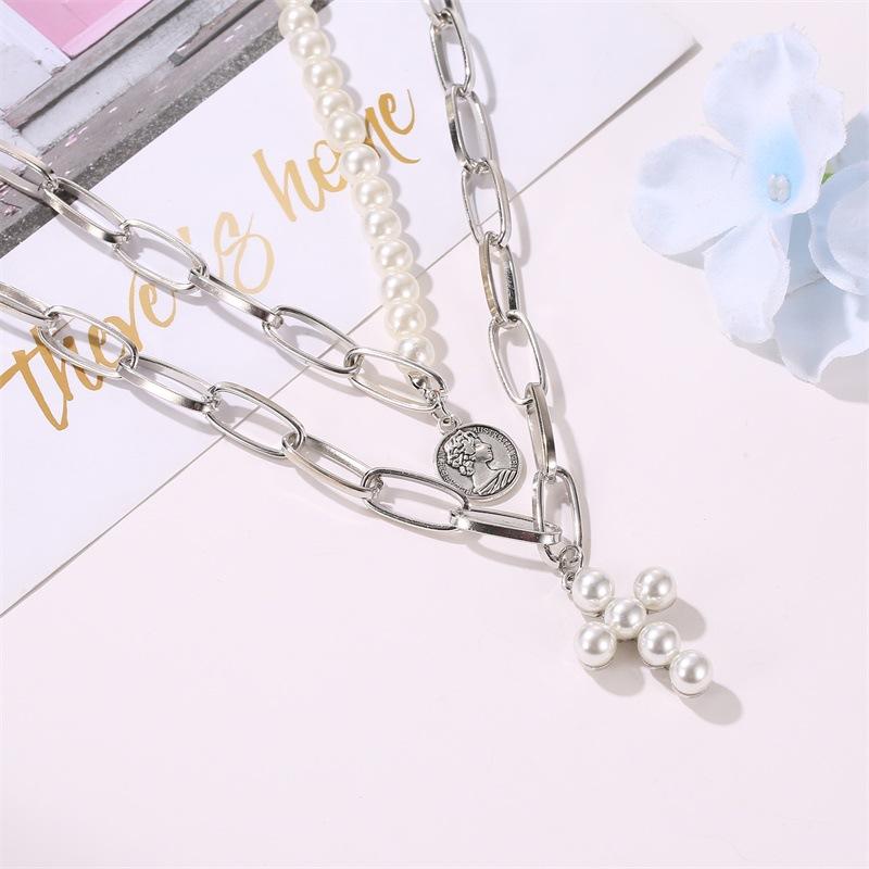 Necklace Exaggerated Pearl Cross Necklace Women's Thick Chain Multi-layer Disc Portrait Pendant