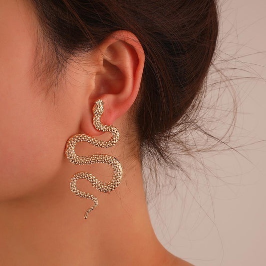 Retro Exaggerated Three-dimensional Snake Earrings Fashion Punk Geometric Metal Carved Animal Snake Stud Earrings