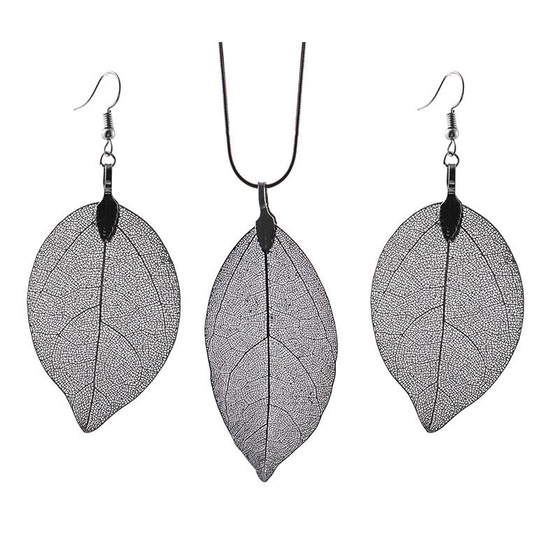 Jewelry Fashion Simple Leaf Necklace Earrings Leaf Specimen Sweater Chain Earrings Three-piece Set